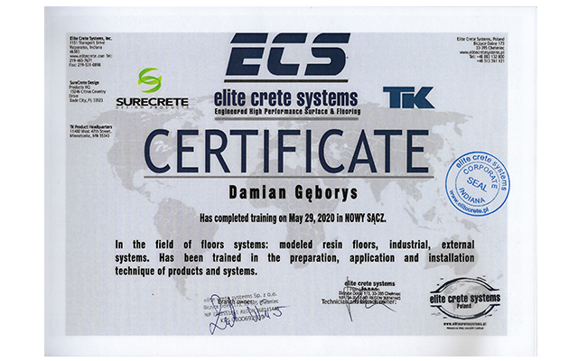 Certyfikat firmy Elite Crete Systems
